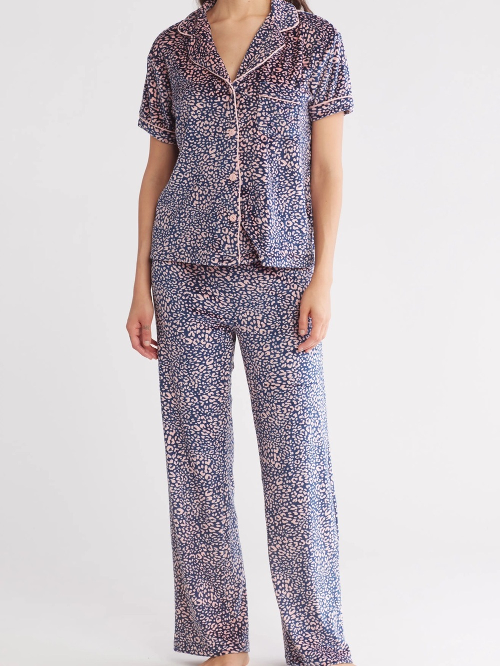 Navy and Pink Leopard-Print Short Sleeve Pajama Set